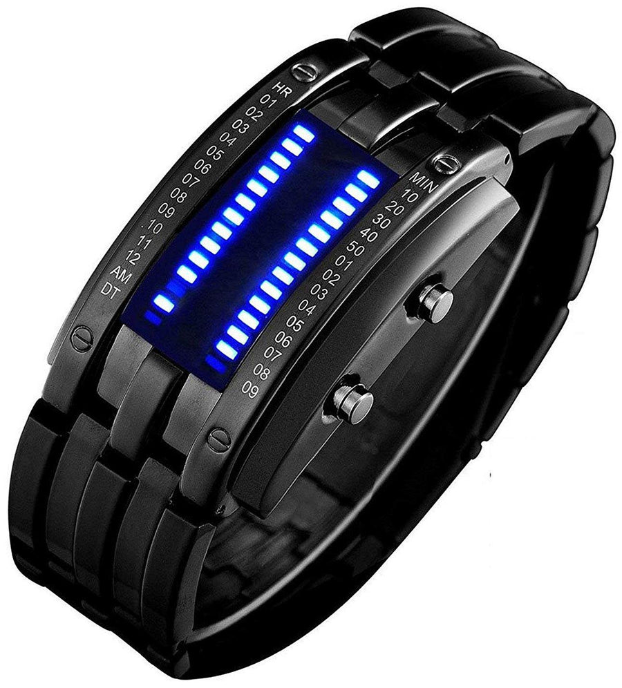 Creative Binary Matrix Blue LED Digital Waterproof Watch Mens Classic Creative Fashion Black Plated Wrist Watches (Black)
