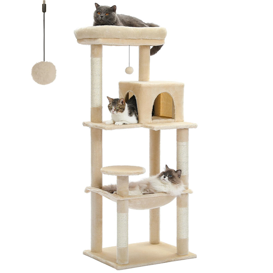 56.3 Inches Multi-Level Cat Tree Cat Tower with Sisal Covered Scratching Posts, Comfort Condo, Extra Large Hammock and Plush Perches Beige