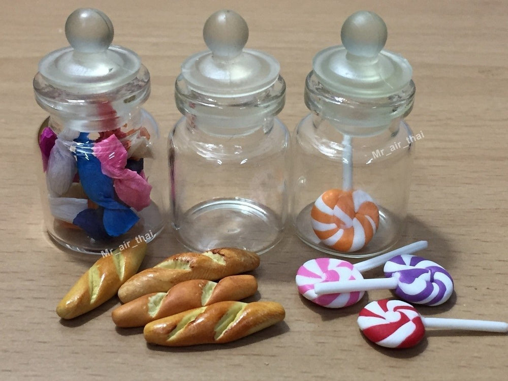 3pc Miniature Cake Food Candy Cookie Dollhouse Bread in Clear Glass Mini Bottle fruit Food #MF014