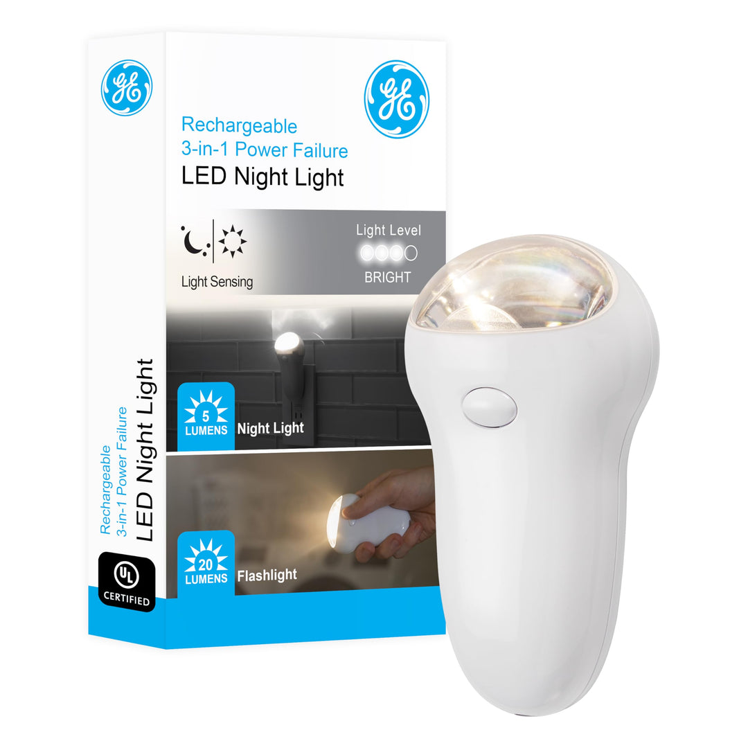 GE 3-in-1 LED Power Failure Night Light, Emergency Flashlight, Plug-In, Rechargeable, Light Sensing, Auto On/Off, Foldable Plug, Soft White, Hurricane, Storm, Tornado, Glossy White Finish, 11281