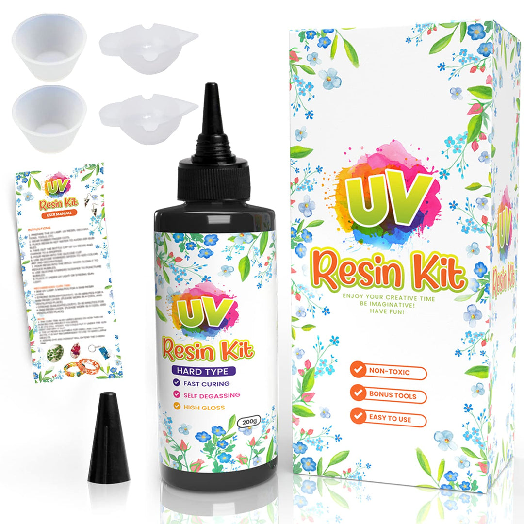 UV Resin with 4 Silicon Cups - Crystal Clear Epoxy Resin for Crafts, Resin Supplies for Art Decorations, Earrings, Necklace &amp; Jewelry Making (200g)