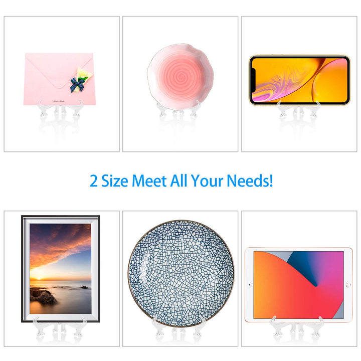 20 Pack Plastic Easel Plate Stands for Display Pictures, Photo, Dish, Art Pieces, Certificates, Placecard, Posters, Envelopes and Small Boards, 2 Size 3 6 (Clear)