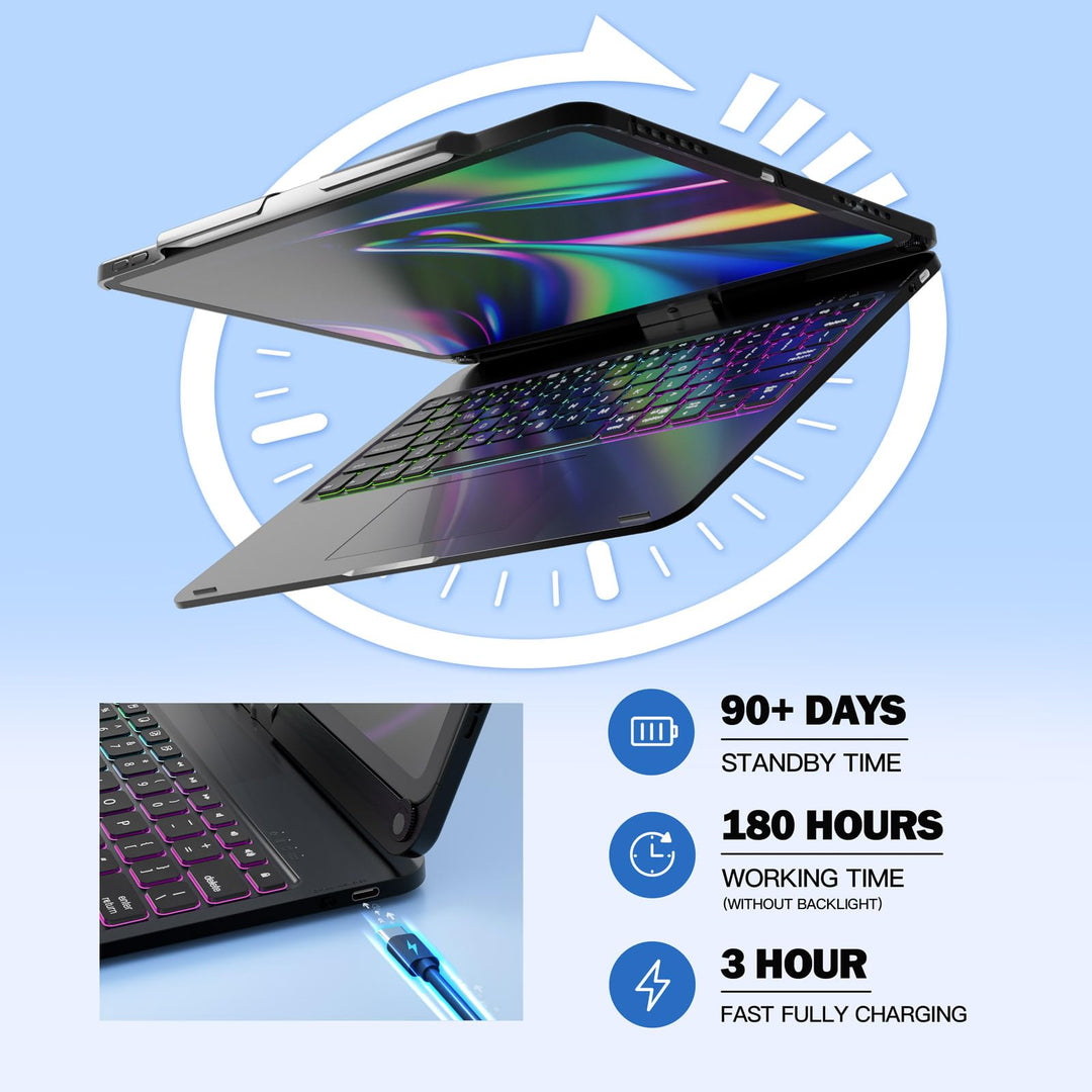 iPad Pro 12.9 inch Case with Keyboard, Rainbow Backlits, Pencil Holder, 360° Rotatable, Keyboard for iPad Pro 12.9 inch 6th/5th/4th/3rd Generation - Black