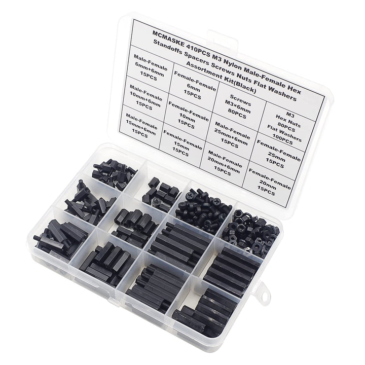 410PCS M3 Nylon Male-Female Hex Standoffs Spacers Screws Nuts Flat Washers Assortment Kit (Black)