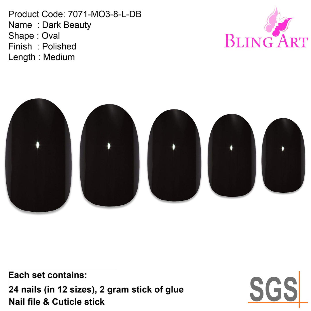 Oval False Nails Fake Acrylic Polished Black 24 Medium Tips with Glue