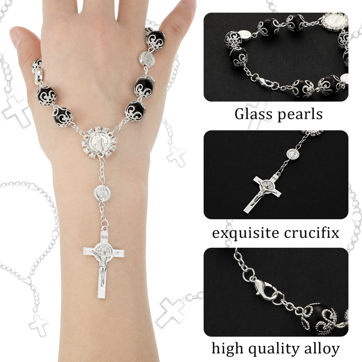 Saint Benedict Car Rosary 2 Pcs Rearview Mirror Auto Rosary Hanging Personalized Car Cross Blessing Catholic Car Medal for Truck Bike Motorcycle Car Mirror Hanging Accessories Decors (Black)