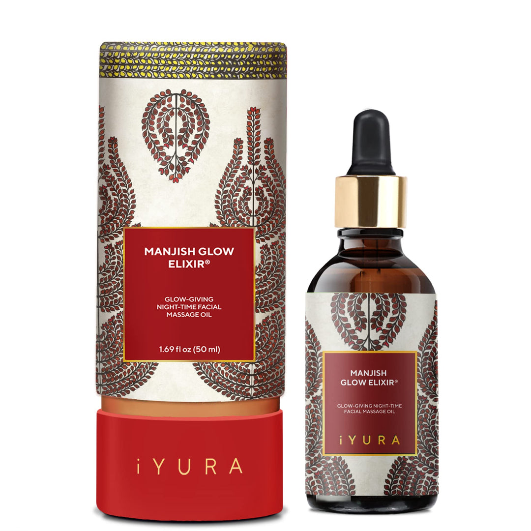 iYURA Manjish Glow Elixir - Traditional Glow-Boosting Face Moisturizer for an Instant Dewy Glow &amp; Clear-looking skin – Lightweight, 100% Natural Nighttime Face Oil, 1.69 fl oz
