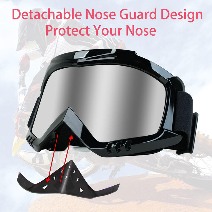 Motorcycle Goggles Dirt Bike Goggles Grip For Helmet Anti UV Windproof Dustproof Anti Fog Glasses for ATV Off Road Racing with Cool Look Headwear Silver Lens 2 in 1