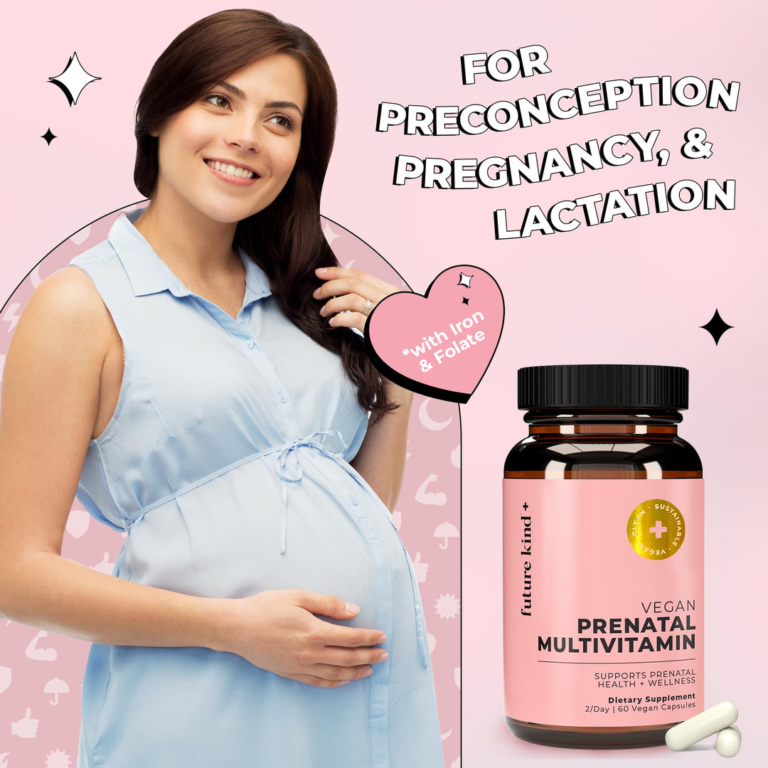 Vegan Prenatal Vitamin with DHA &amp; L-Methylfolate in Glass Bottle - Prenatal Folate Supplement for Women with Vitamin D &amp; E, Iron &amp; Biotin - Gluten-Free, Non-GMO (60ct)