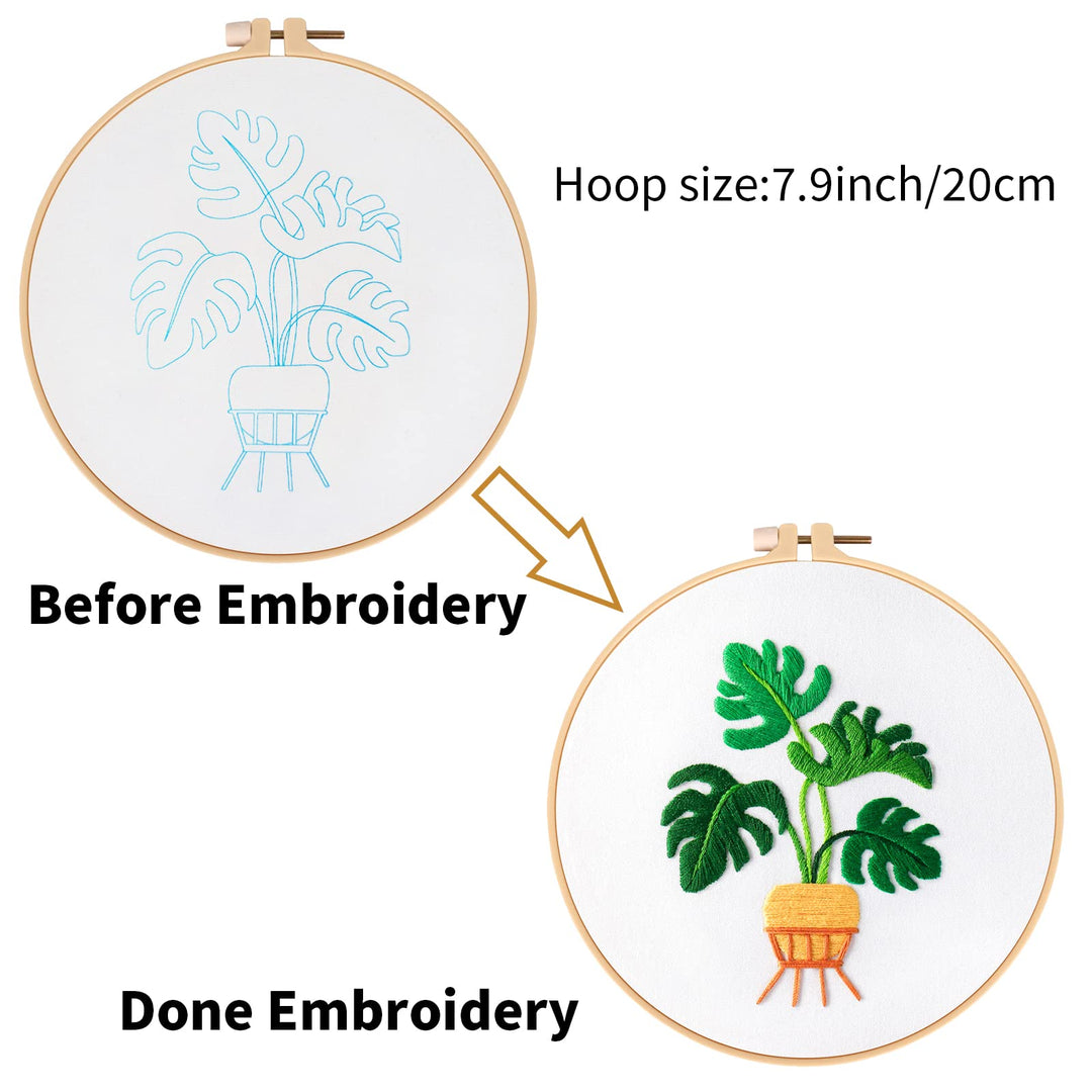 Monstera Embroidery Starters Kit for Adults, Cross Stitch kit for Beginners with Plant Pattern Embroidery Cloth,Hoop, Needles, Color Threads