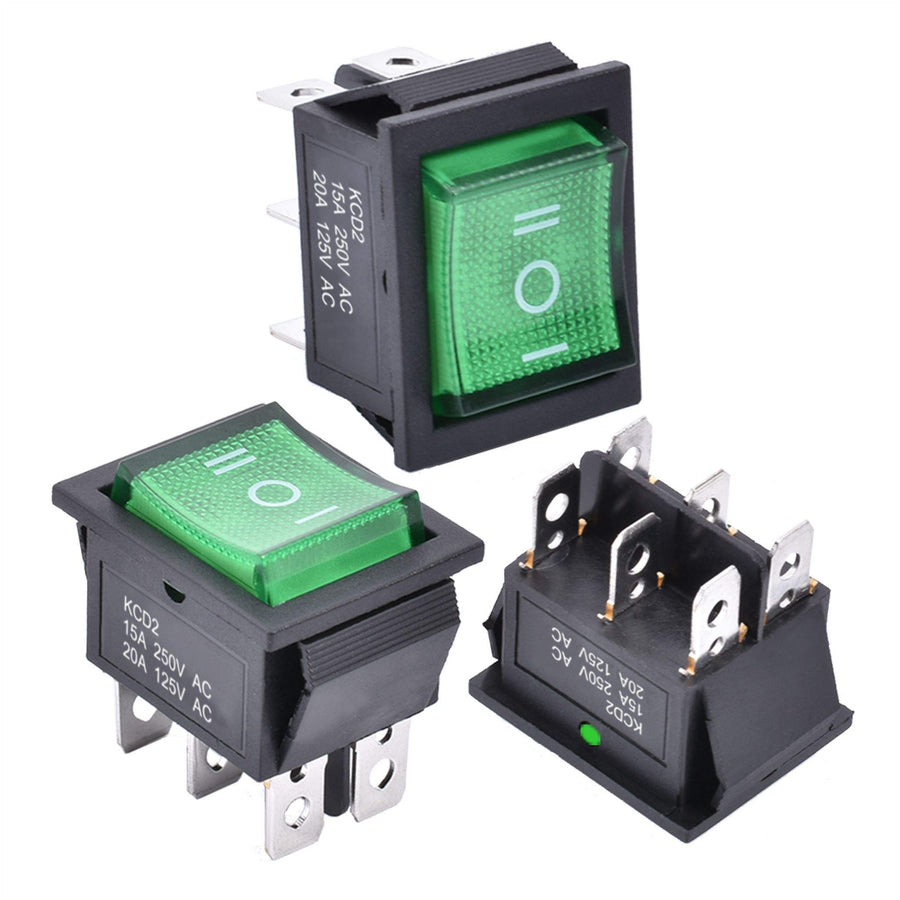 3Pcs 3 Position Rocker Toggle Switch DPDT 6 Pin AC 125V/10A 250V/16A ON-Off-ON with LED Light KCD2-203N (Green)