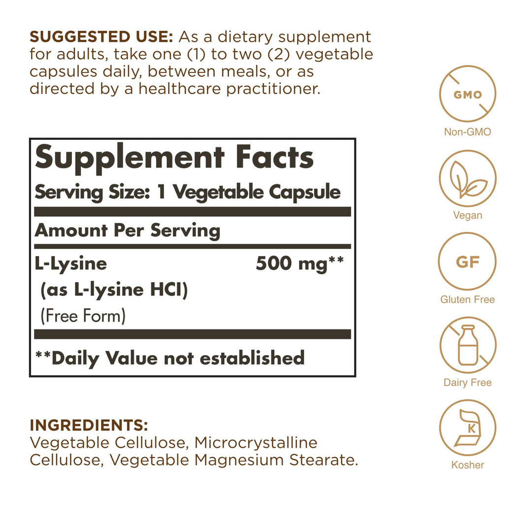 SOLGAR L-Lysine 500 mg - 100 Vegetable Capsules - Skin 