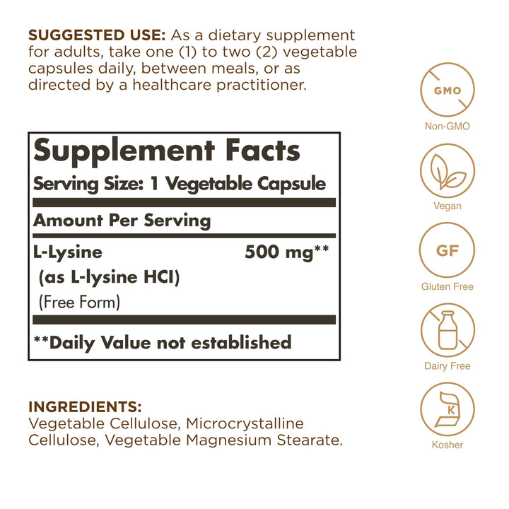 SOLGAR L-Lysine 500 mg - 100 Vegetable Capsules - Skin 