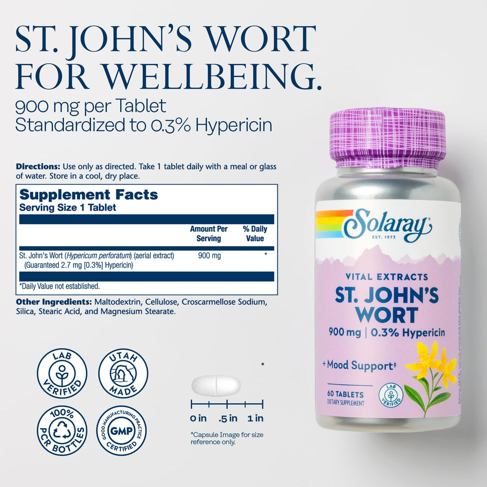 St. Johns Wort Aerial Extract One Daily 900mg, Standardized w/ 0.3% Hypericin for Mood Stability & Brain Health Support, Non-GMO |60 Servings | 60 Tablets