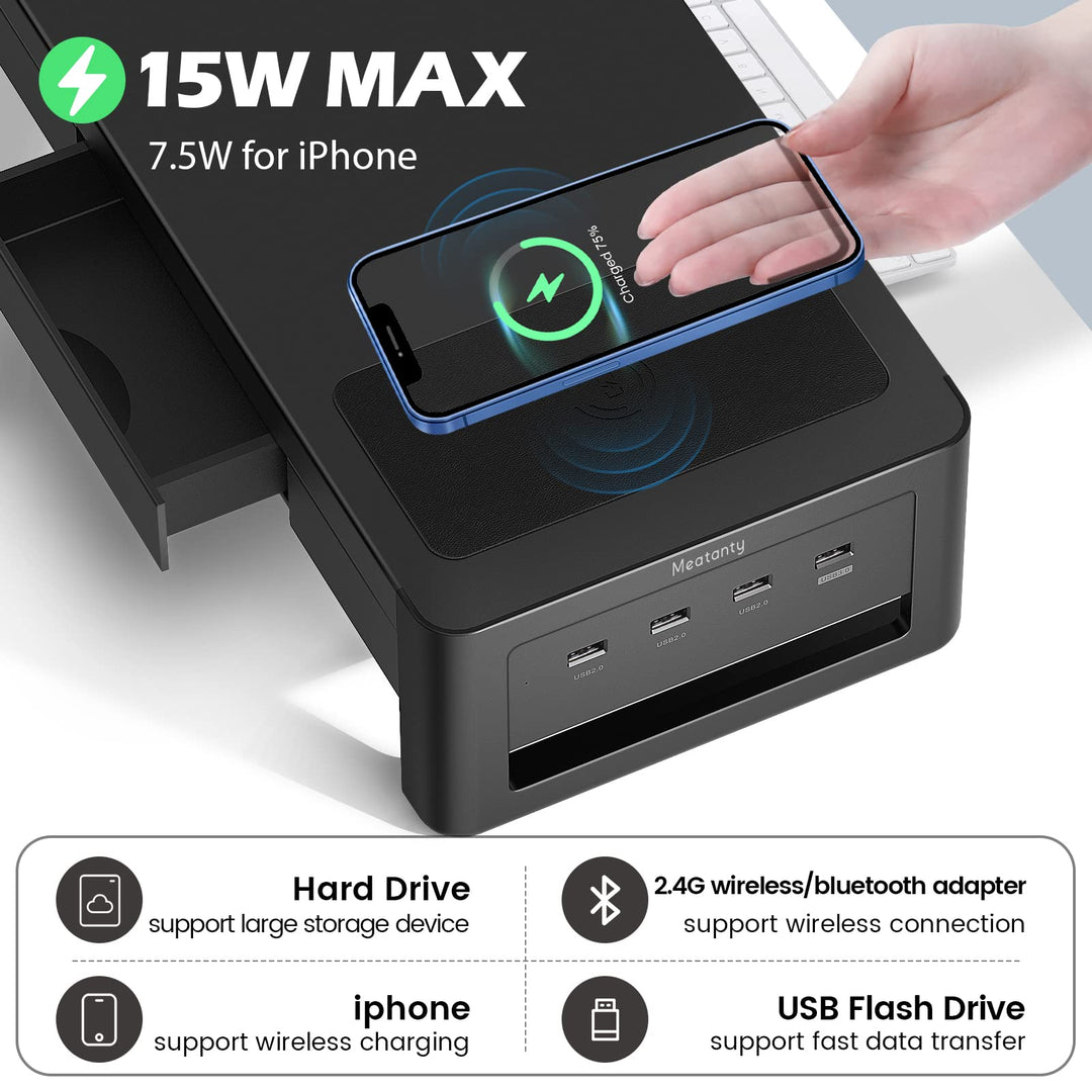 3 In 1 Monitor Stand Riser with 2 Drawers,1 Wireless Charging Module and 4 USB Ports,Metal Computer Stand Support Transfer Data &amp; Charging,Desk Organizer for PC,iMac (21 inches)