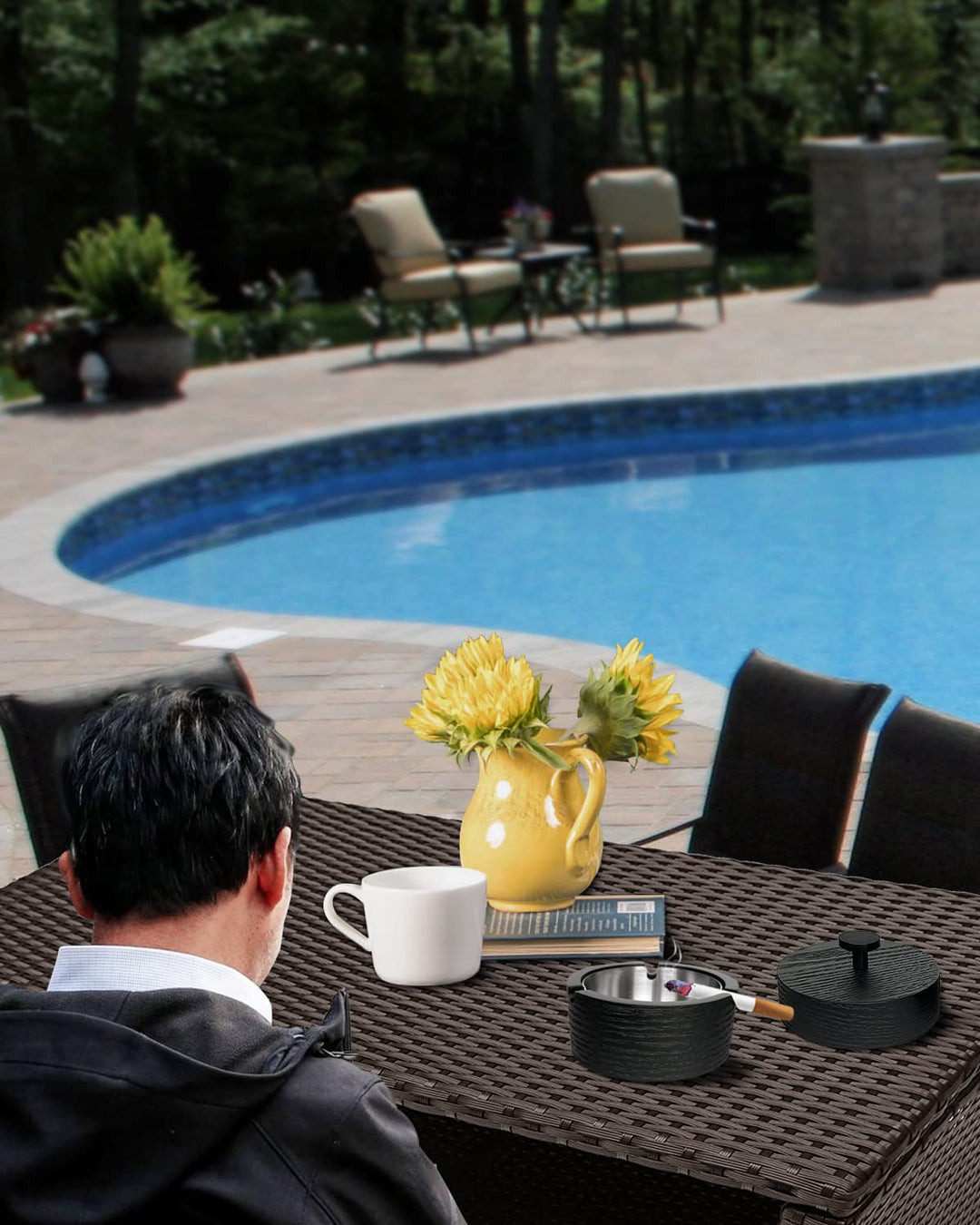 Ashtray for Weed - Ash Tray Sets for Weed, Outdoor Ashtray with Lid, Wood Texture with Removeable Liner, Pefect Outdoor Ashtrays for Cigarettes Patio, Home Ashtrays for Weed Smokers