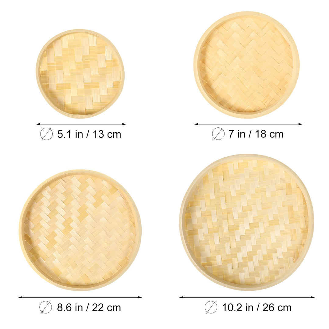 4pcs Woven Bamboo Tray Basket Round Flat Shallow Basket Wall Art Ornament for DIY Drying Food Fruit Basket Kitchen Wall Hanging Decorations