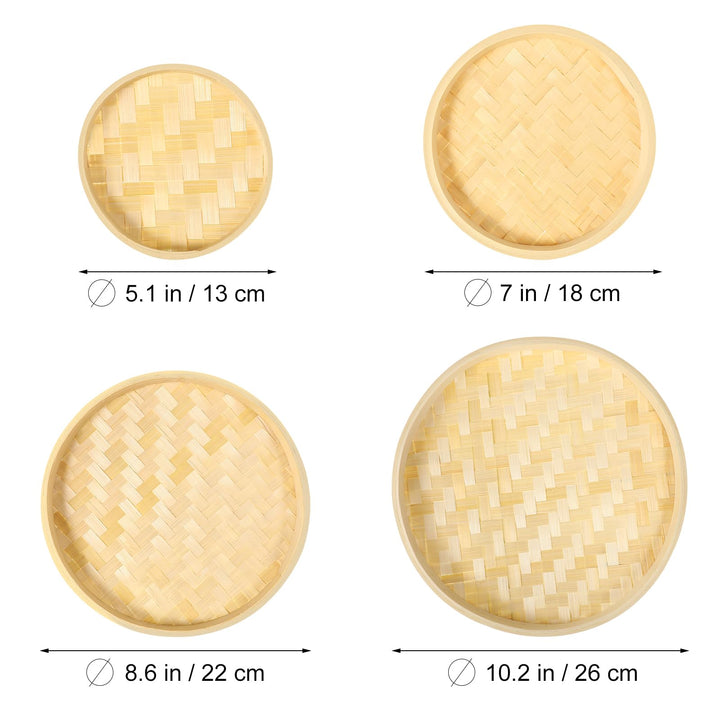 4pcs Woven Bamboo Tray Basket Round Flat Shallow Basket Wall Art Ornament for DIY Drying Food Fruit Basket Kitchen Wall Hanging Decorations