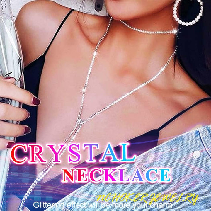 Rhinestone Long Necklace Jewelry Sparkly Crystal Choker Necklaces Sexy Beach Necklace Chain for Women (Silver)