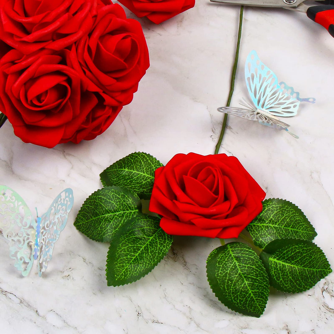 Red Artificial Rose Flowers,30 Pcs Fake Flowers with Stem in Bulk for Wedding Centerpieces,DIY Bouquets,Bridal Shower Party and Home Floral Arrangement Decorations
