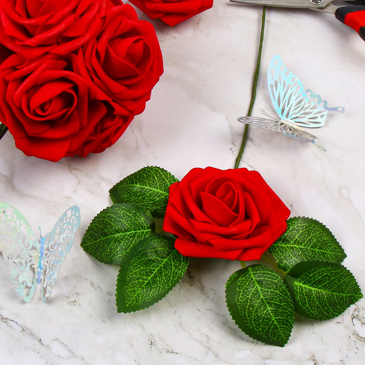 Red Artificial Rose Flowers,30 Pcs Fake Flowers with Stem in Bulk for Wedding Centerpieces,DIY Bouquets,Bridal Shower Party and Home Floral Arrangement Decorations