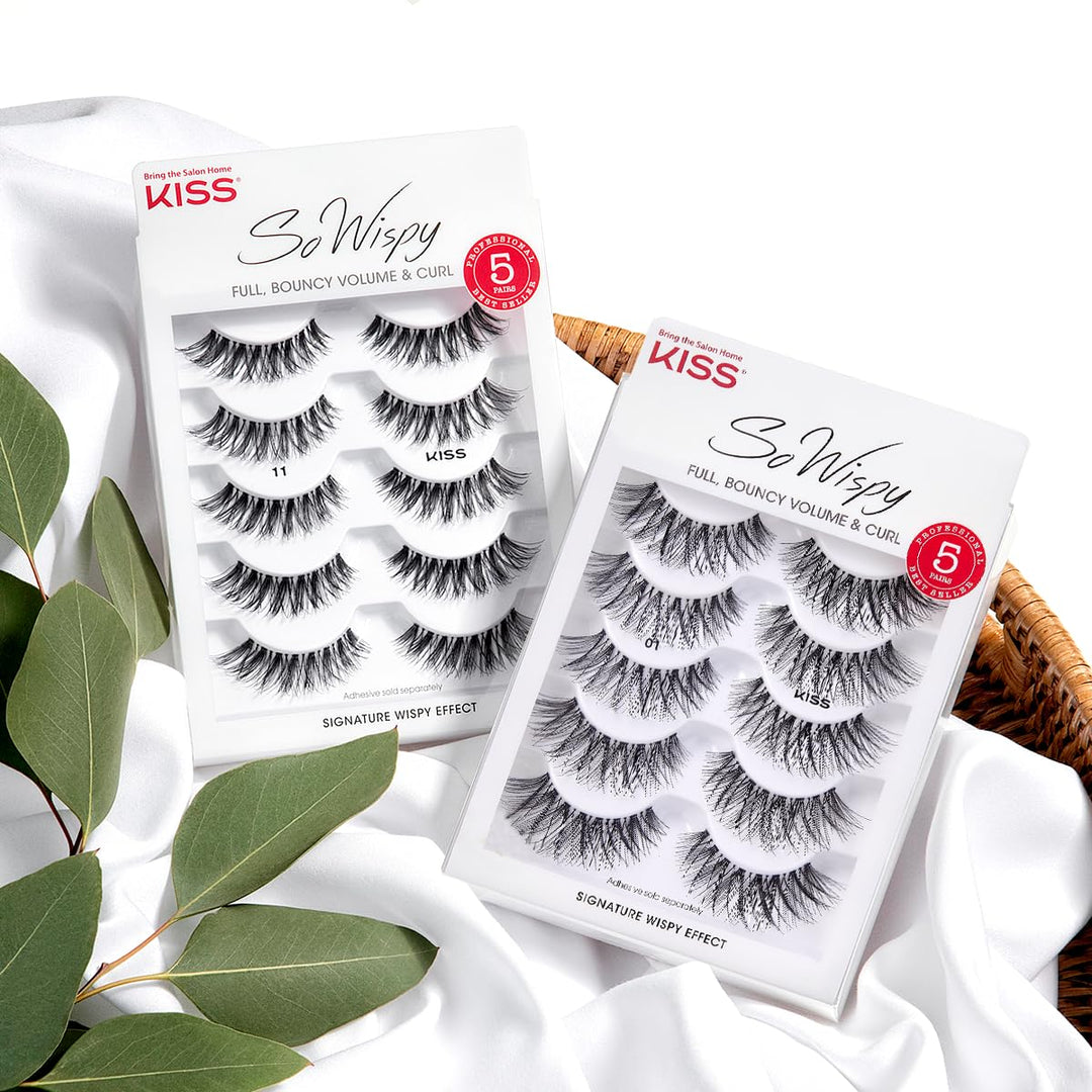 So Wispy, False Eyelashes, &#39;Style #11&#39;, 12 mm, Includes 5 Pairs Of Lashes, Contact Lens Friendly, Easy to Apply, Reusable Strip Lashes, Glue On, Mulitpack