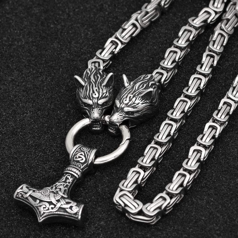Men Stainless Steel Wolf Head Norse Viking Amulet Thor Mjolnir Necklace King Chain with Valknut Gift Bag (23 INCH)