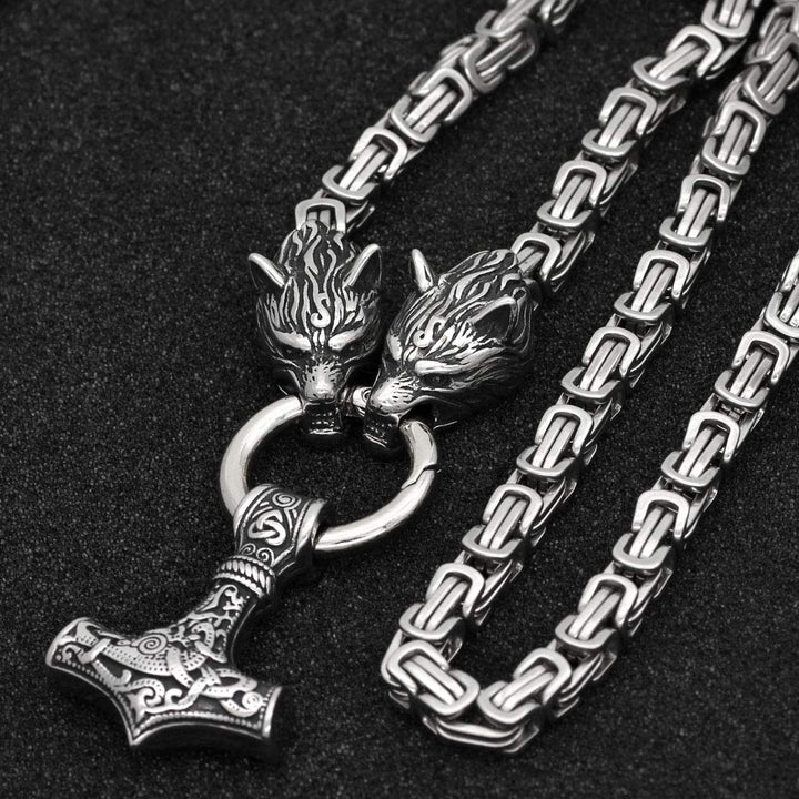 Men Stainless Steel Wolf Head Norse Viking Amulet Thor Mjolnir Necklace King Chain with Valknut Gift Bag (23 INCH)