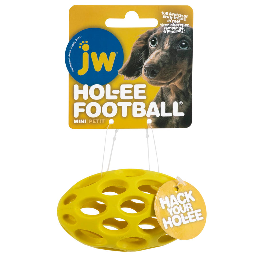 Pet Hol-ee Football Dog Toy Puzzle Ball, Natural Rubber, Mini (5.25 Inch Length), Colors May Vary