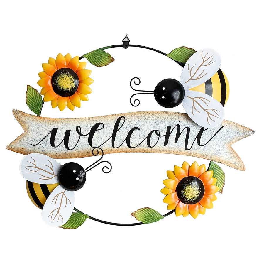 Metal Sunflower Wreath with Bees Welcome Sign Decorative Vintage Metal Hanging Sign for Wall Home Front Door Garden Porch Decor,Sunflower Spring Door Wreath Indoor Outdoor Decoration 16''L