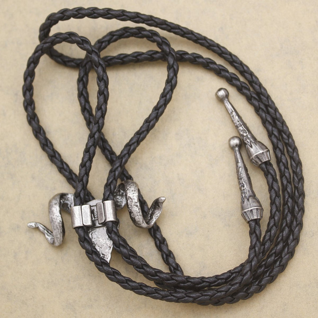 Vintage Silver Western Big Horn Sheep RAM Goat Skull Leather Rodeo Bolo Bola Tie Necktie