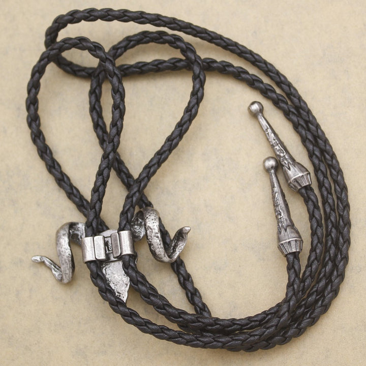 Vintage Silver Western Big Horn Sheep RAM Goat Skull Leather Rodeo Bolo Bola Tie Necktie