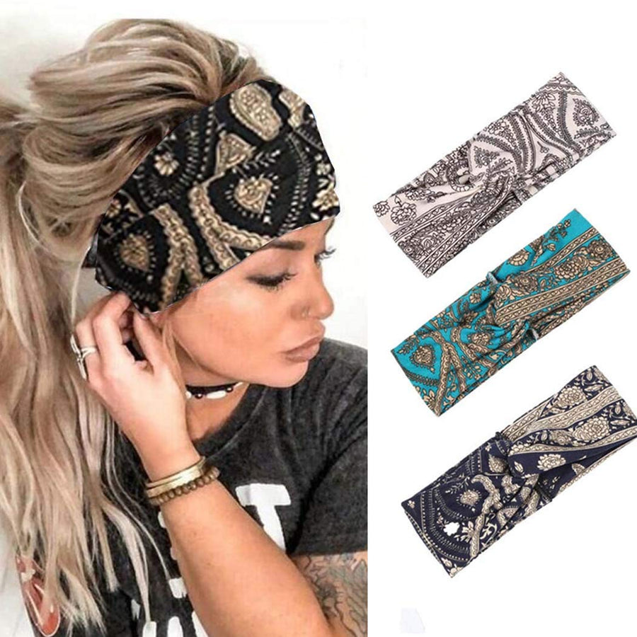 Boho Athletic Travel Headbands Cross Workout Head Wrap Knotted Turban Hair Scarf Yoga Elastic Printed Hair Band for Women and Girls(Pack of 3)