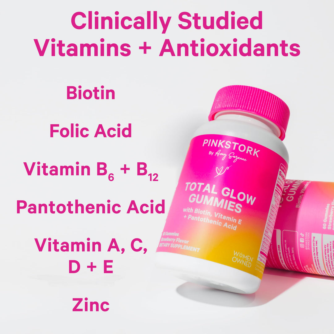 Total Glow Gummies - Hair, Skin, and Nails Vitamins - 11 Vitamins &amp; Nutrients - Biotin, Vitamin A, B6, B12, Folate - Beautiful Hair, Radiant Skin, and Strong Nails - 60 Berry Biotin Gummies