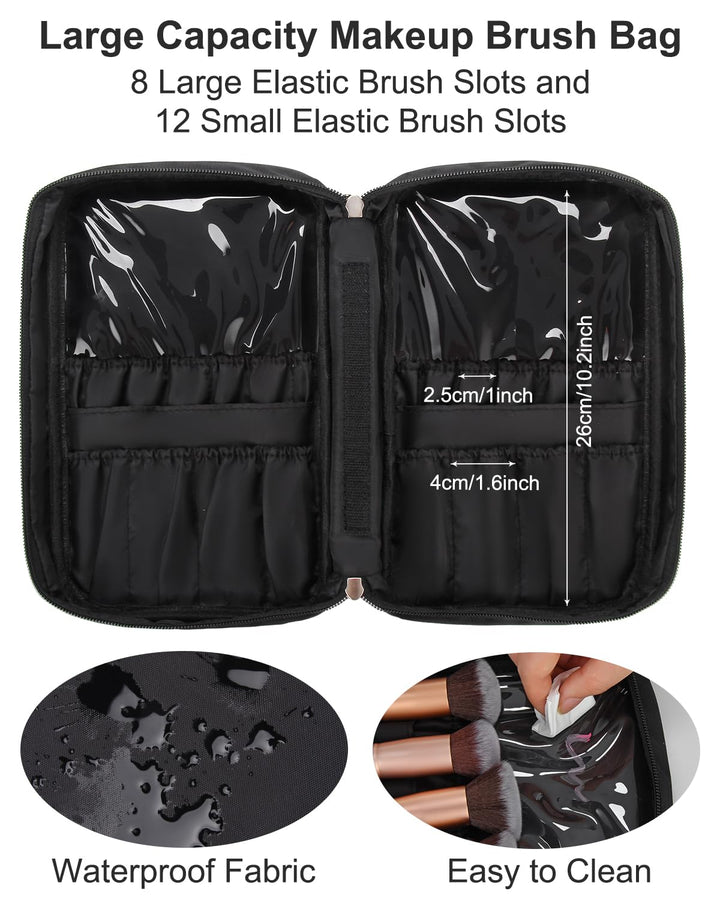 Makeup Brush Bag, Makeup Brush Organizer Cosmetic Bags Makeup Artist Case with Belt Strap Holder Multi functional Cosmetic Bag Makeup Handbag for Travel &amp; Home Gift (Black)