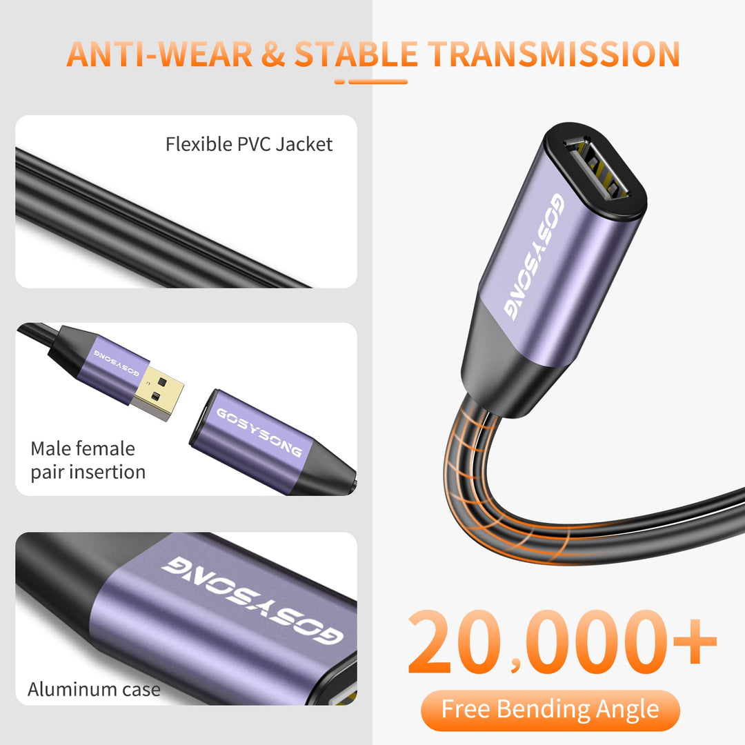 USB Extension Cable 30ft, USB 2.0 Extension Cable, Type A Male to Female Active Repeater USB Cable