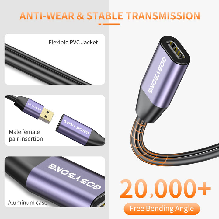 USB Extension Cable 30ft, USB 2.0 Extension Cable, Type A Male to Female Active Repeater USB Cable