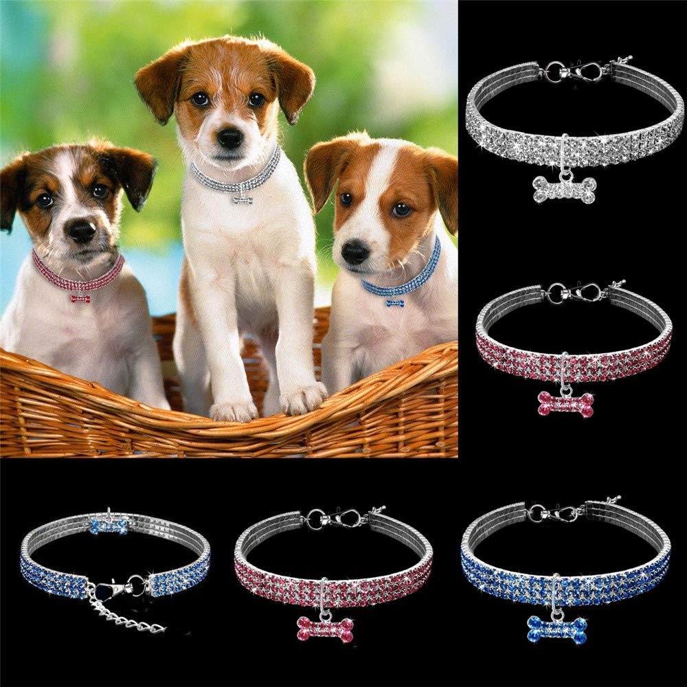 Amazing 3 Rows Rhinestones Necklace Pet Cat Dog Collar Bling Rhinestone Bone Jewelry Party Wedding Accessories,White,M:10-12 Neck