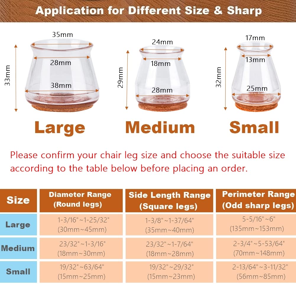 Chair Leg Protectors for Hardwood Floors, Silicone Chair Leg Floor Protectors with Felt Pads for Protecting Hard Floors from Scratches and Noise, Transparent/16 PCS - Small