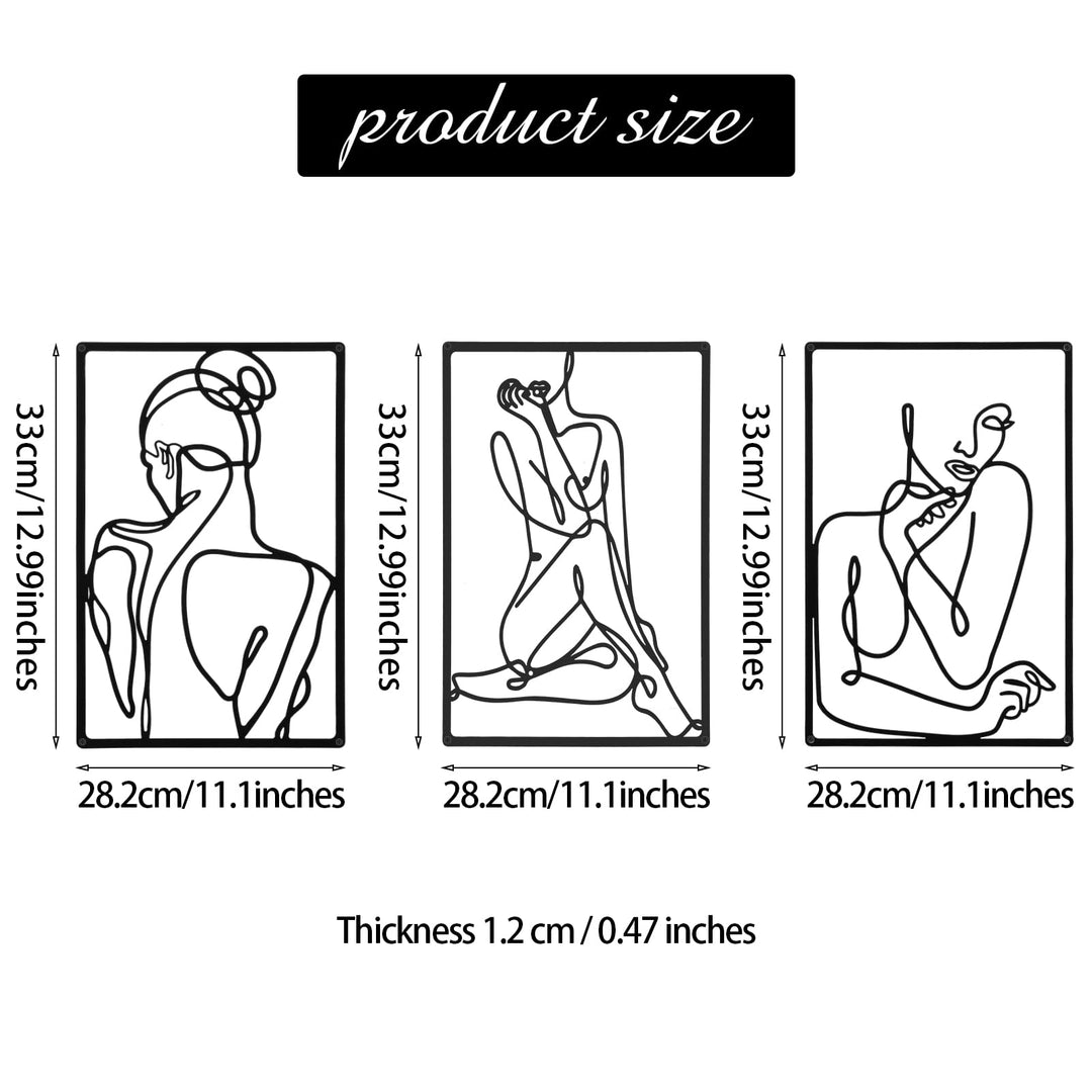 CHENGU 3 Pieces Metal Minimalist Abstract Woman Wall Art Line Drawing Wall Art Decor Single Line Female Home Hanging Wall Art Decor for Kitchen Bathroom Living Room (Vibrant Style)