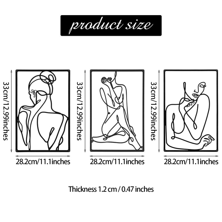 CHENGU 3 Pieces Metal Minimalist Abstract Woman Wall Art Line Drawing Wall Art Decor Single Line Female Home Hanging Wall Art Decor for Kitchen Bathroom Living Room (Vibrant Style)