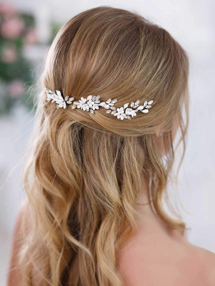 Barogirl Bride White Flower Wedding Hair Pins Clips Rhinestone Silver Bridal Hair Piece Accessories for Women, Set of 3