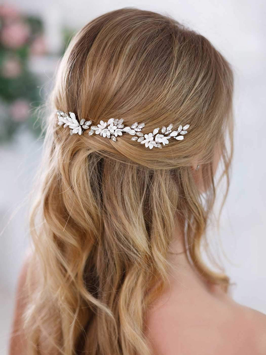 Barogirl Bride White Flower Wedding Hair Pins Clips Rhinestone Silver Bridal Hair Piece Accessories for Women, Set of 3