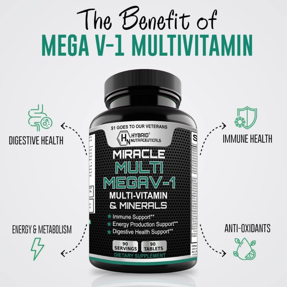MEGAV-1 Multi-Vitamin, Superfood & Minerals - Daily Multivitamin with Probiotics, Digestive Enzyme, Mushroom Complex for Heart Health, Immune Support, Energy & Stamina - 90 Tablets