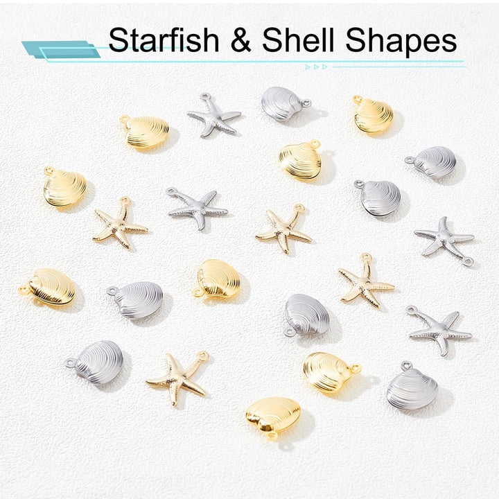 4 Styles Starfish Shell Charms, 40pcs Sea Scallop Metal Charms Pendants Ocean Seashell Dangle Charms Beads for Beach Summer Hawaii Earring Necklace Bracelet Jewelry Making