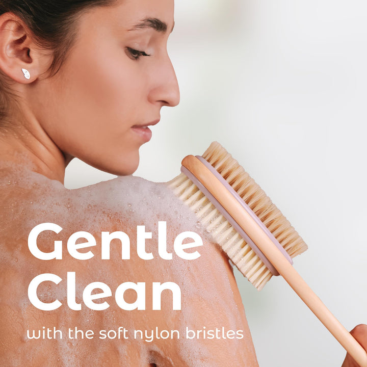 Back Scrubber for Shower – Long Handle Dual-Sided Brush for Body Wash &amp; Scrubbing with Exfoliating &amp; Soft Bristles (Lavender, Wood)