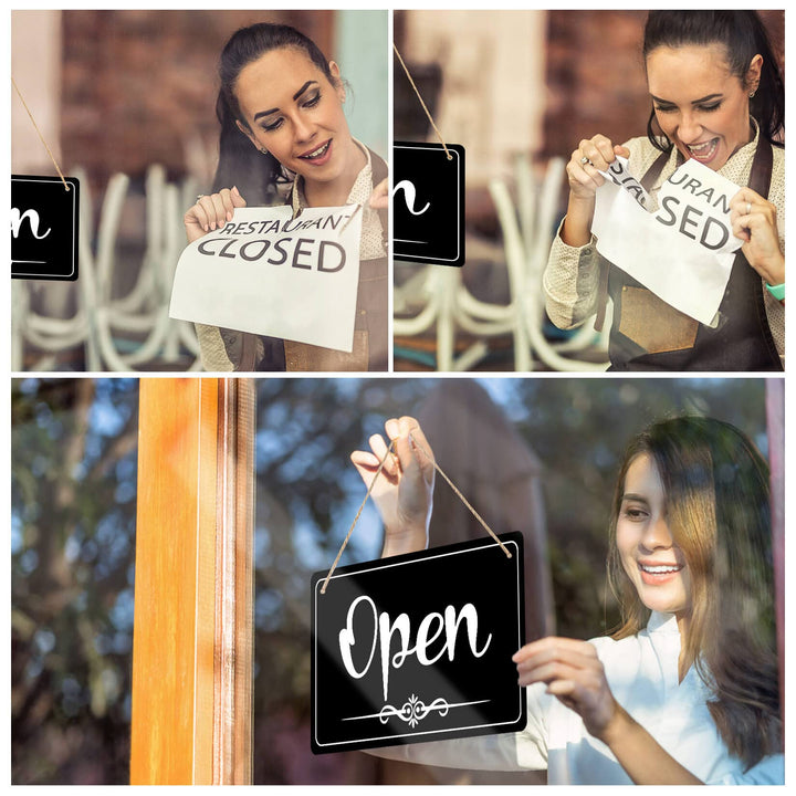 Open Signs Double Sided Open Closed Sign Business Hours Sign Hanging Business Open Sign with Rope Hours of Operation Sign for Business Walls Window Shop Bar Hotel (black)