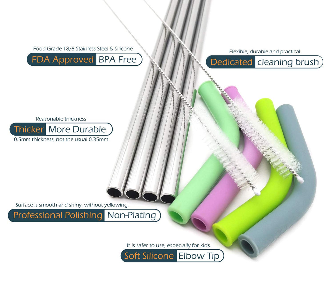 Big Drinking Straws Reusable 13 Extra Long 8mm Extra Wide Food-Grade 18/8 Stainless Steel Silicone Elbows Tips for Smoothie Milkshake Cocktail Juice Hot Drinks - Set of 4 + 2 Cleaning Brushes