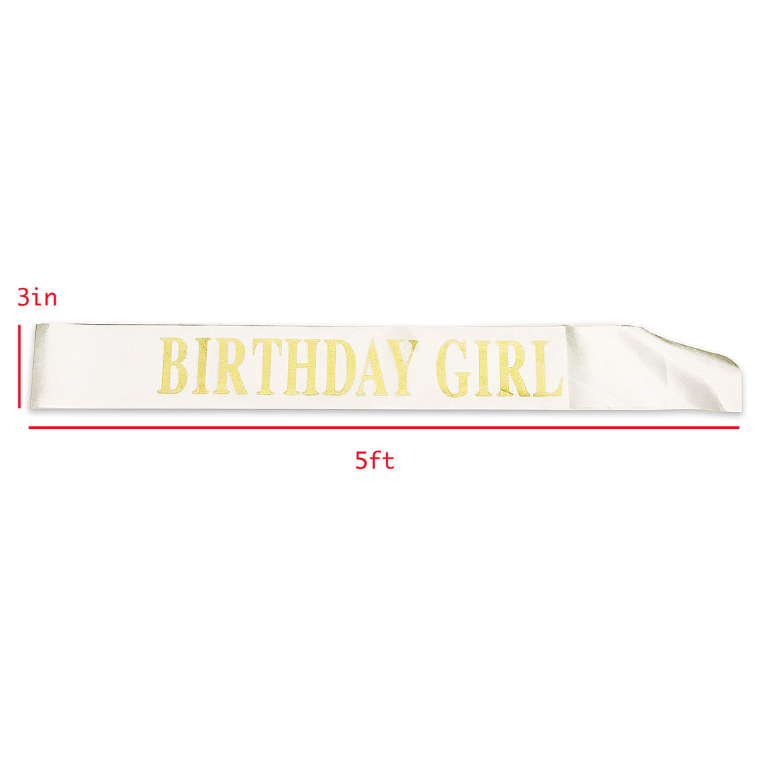 Birthday Sash for Girls White Satin Birthday Girl Sash with Gold Glitter Lettering Party Favors, Supplies and Decorations