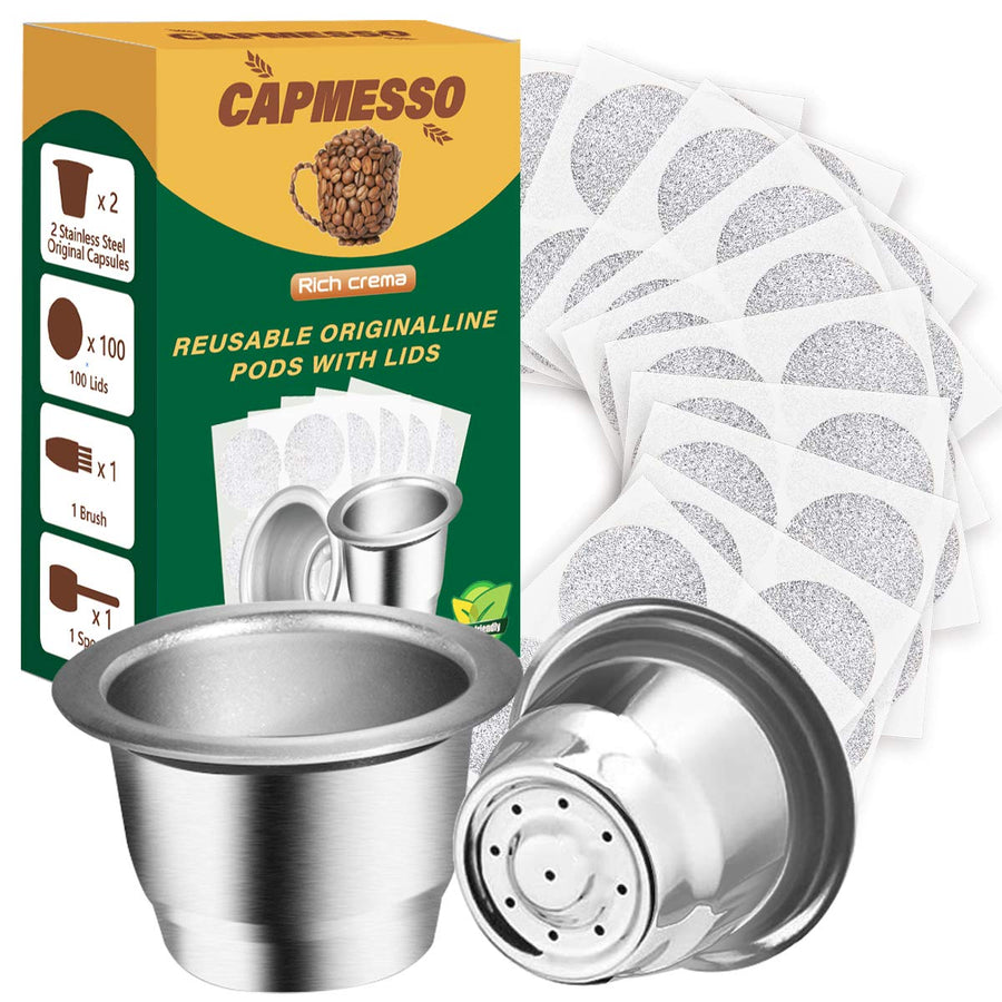Reusable Capsules for Nespresso OriginalLine, Refillable Coffee Pods Stainless Steel Cups Compatible with Nespresso OriginalLine Brewer(2 Pods+100 Lids)